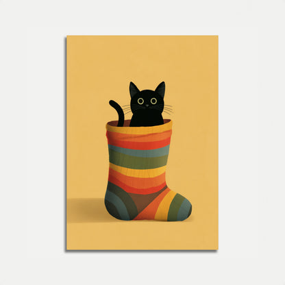 Schwarze Katze in gestreiftem Strumpf Poster