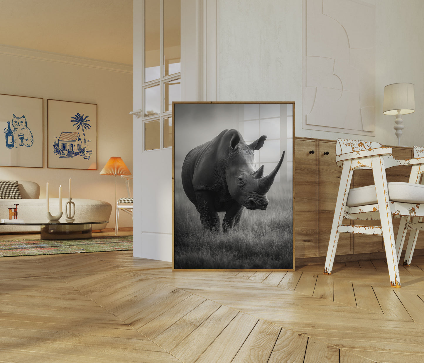 Póster de un majestuoso rinoceronte en la pradera