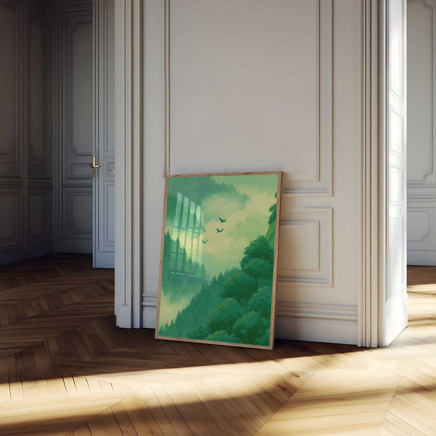 Birds Flying Through Forest Canyon Poster