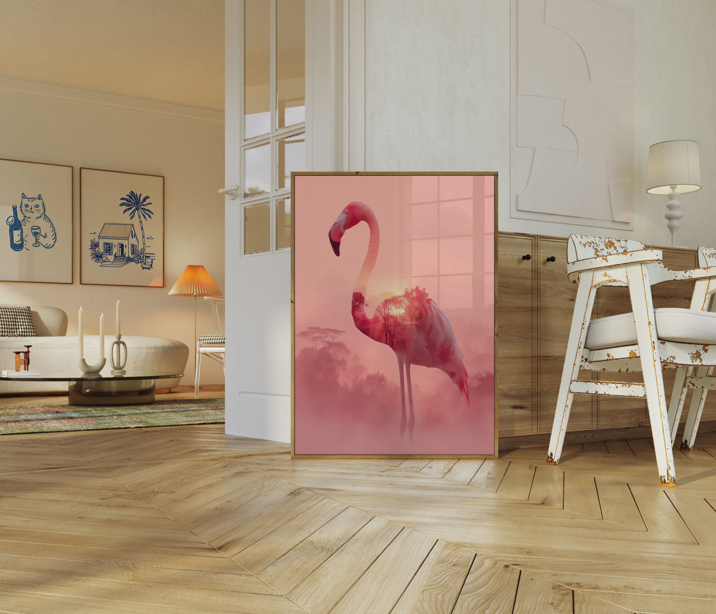 Roze Zonsondergang Flamingo Poster