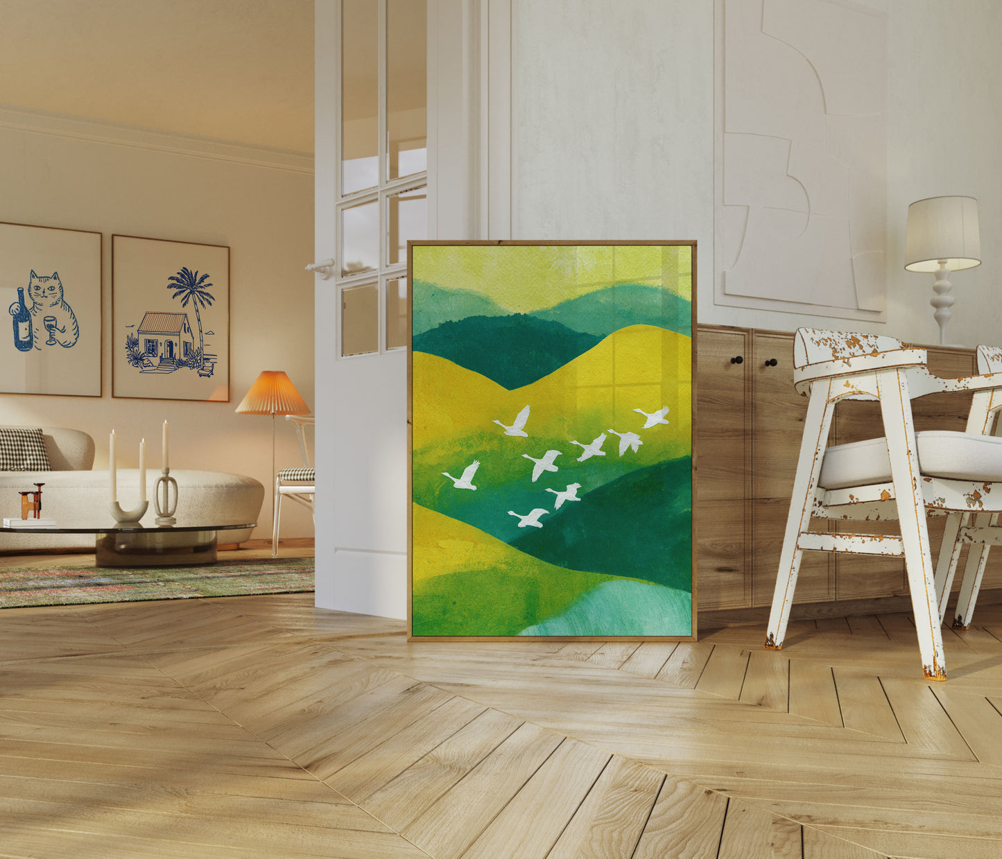 Flying Birds Over Rolling Hills Poster