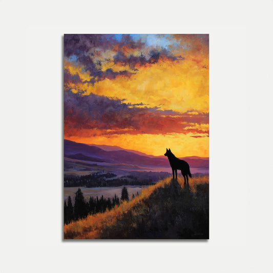 Pôster Lobo Observando o Pôr do Sol Dourado