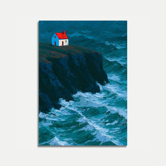 Coastal House Crashing Waves Poster