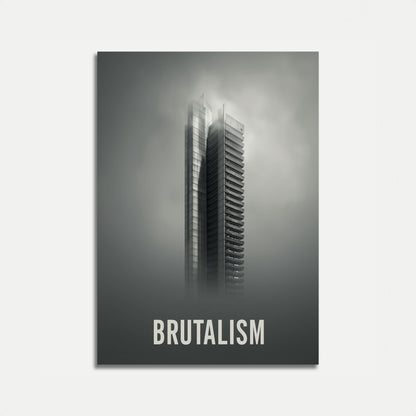 Plakát brutalistické architektury v mlze