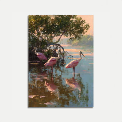 Roze Flamingo's in Mangroves Poster
