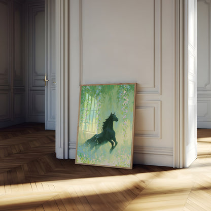 Black Horse in Wisteria Garden Poster