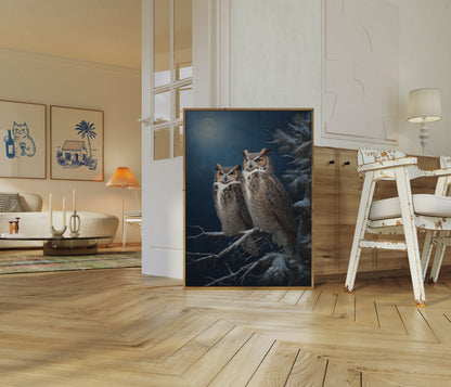 Snowy Owls Moonlight Winter Poster
