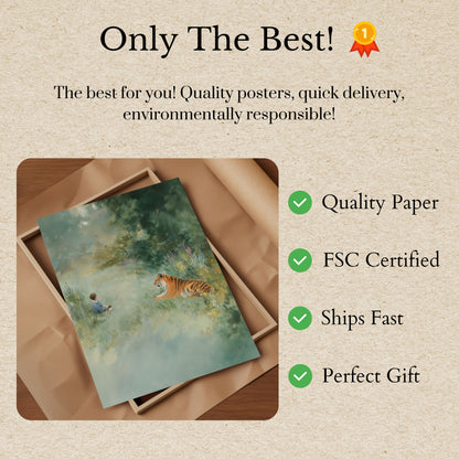 Kind trifft Tiger auf der Wiese Poster