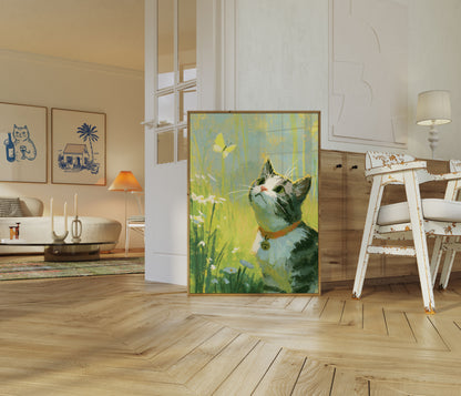 Cat Chasing Butterfly Garden Poster