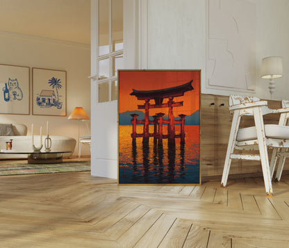 Cartel de Puesta de Sol de la Puerta Torii Japonesa