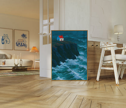 Coastal House Crashing Waves Poster