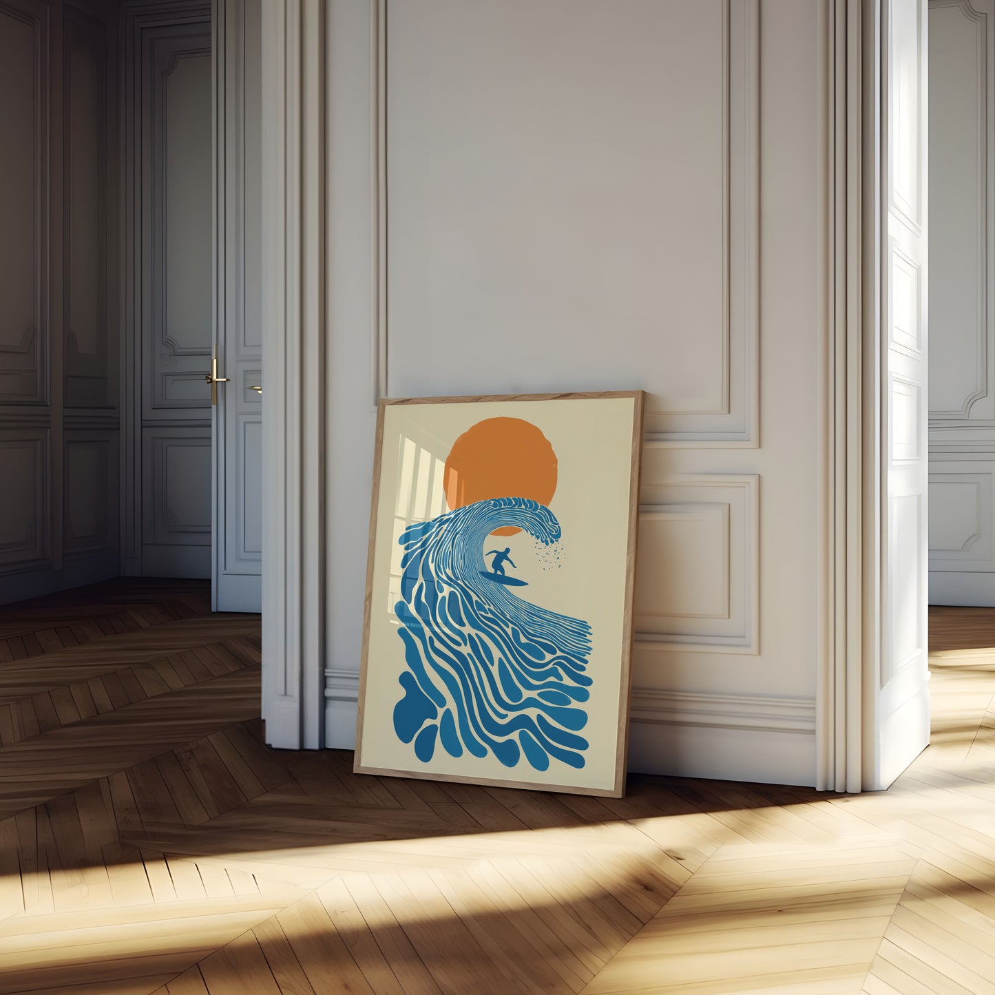 Surfer die op oceaangolf rijdt poster