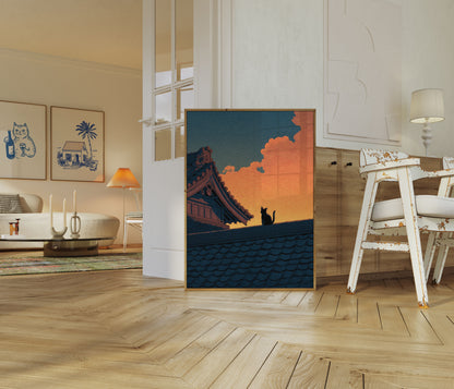 Silhuet Kat på Asiatisk Tag Plakat
