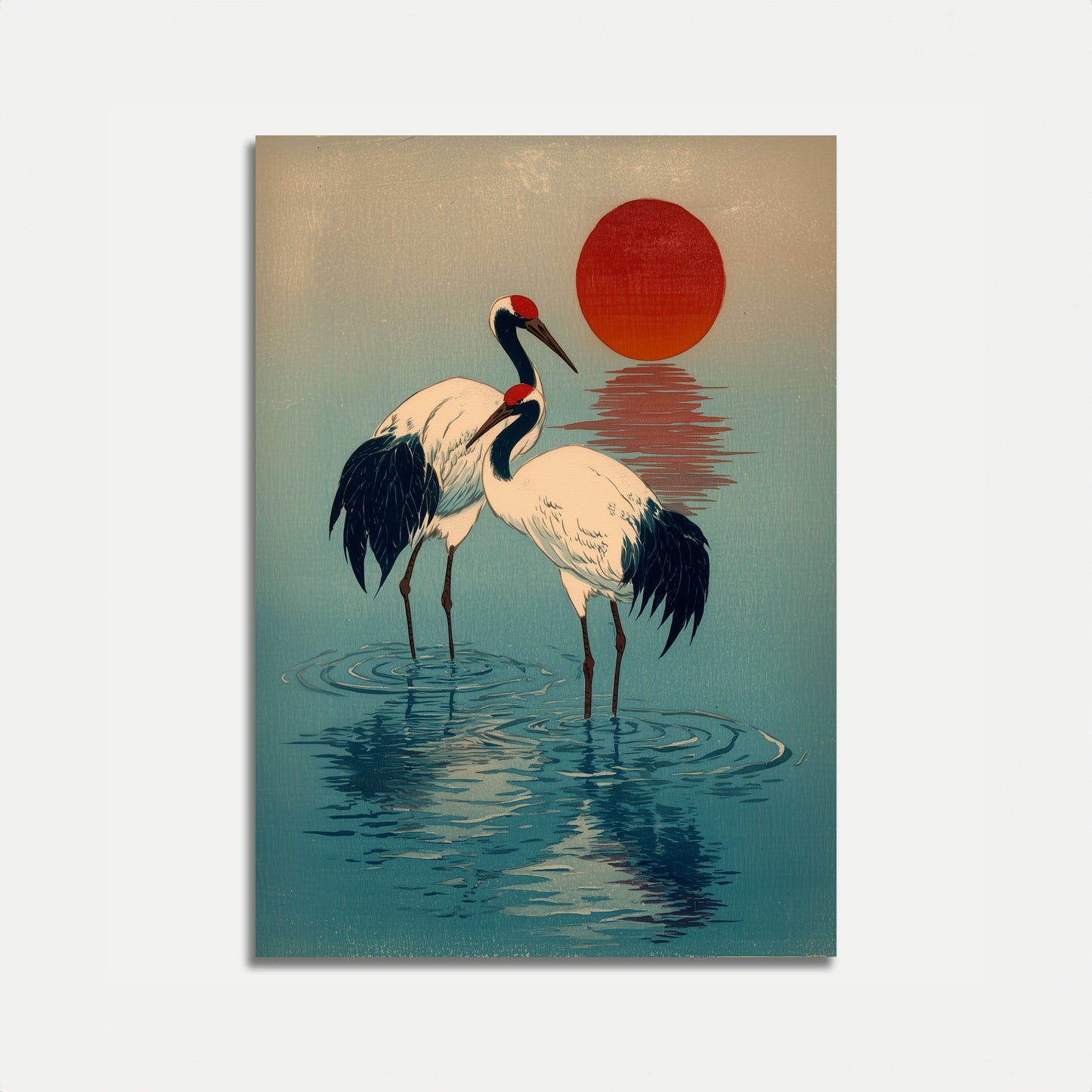 Póster de Grullas Japonesas al Atardecer
