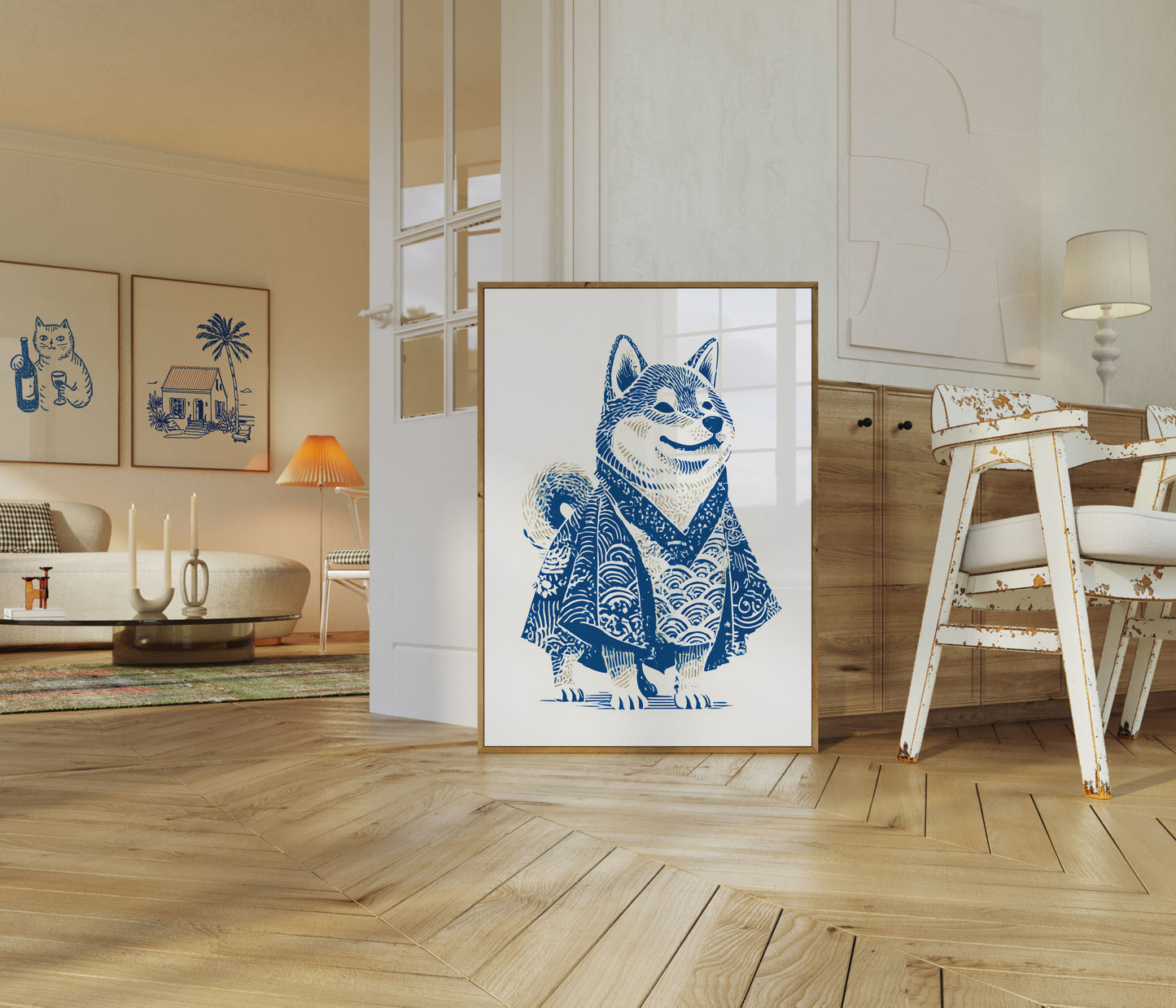 Póster de perro samurái en azul