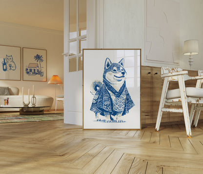 Póster de perro samurái en azul