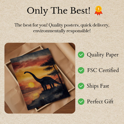Póster de dinosaurios al atardecer en la naturaleza