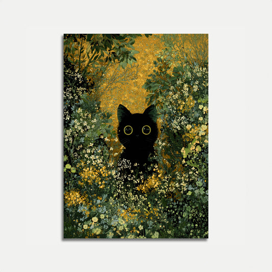 Black Cat in Flower Garden Poster
