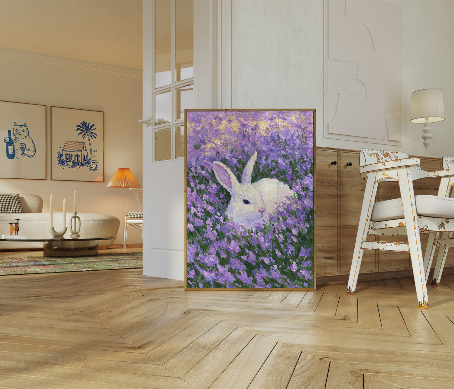 Hvid kanin i lavendelmark plakat