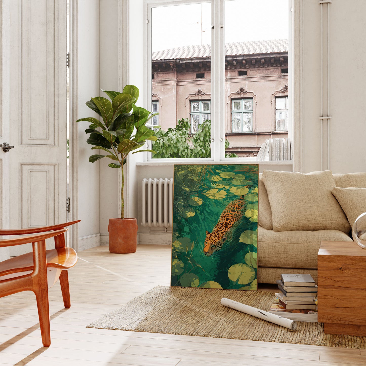 Jaguar Swimming Lily Pond Poster