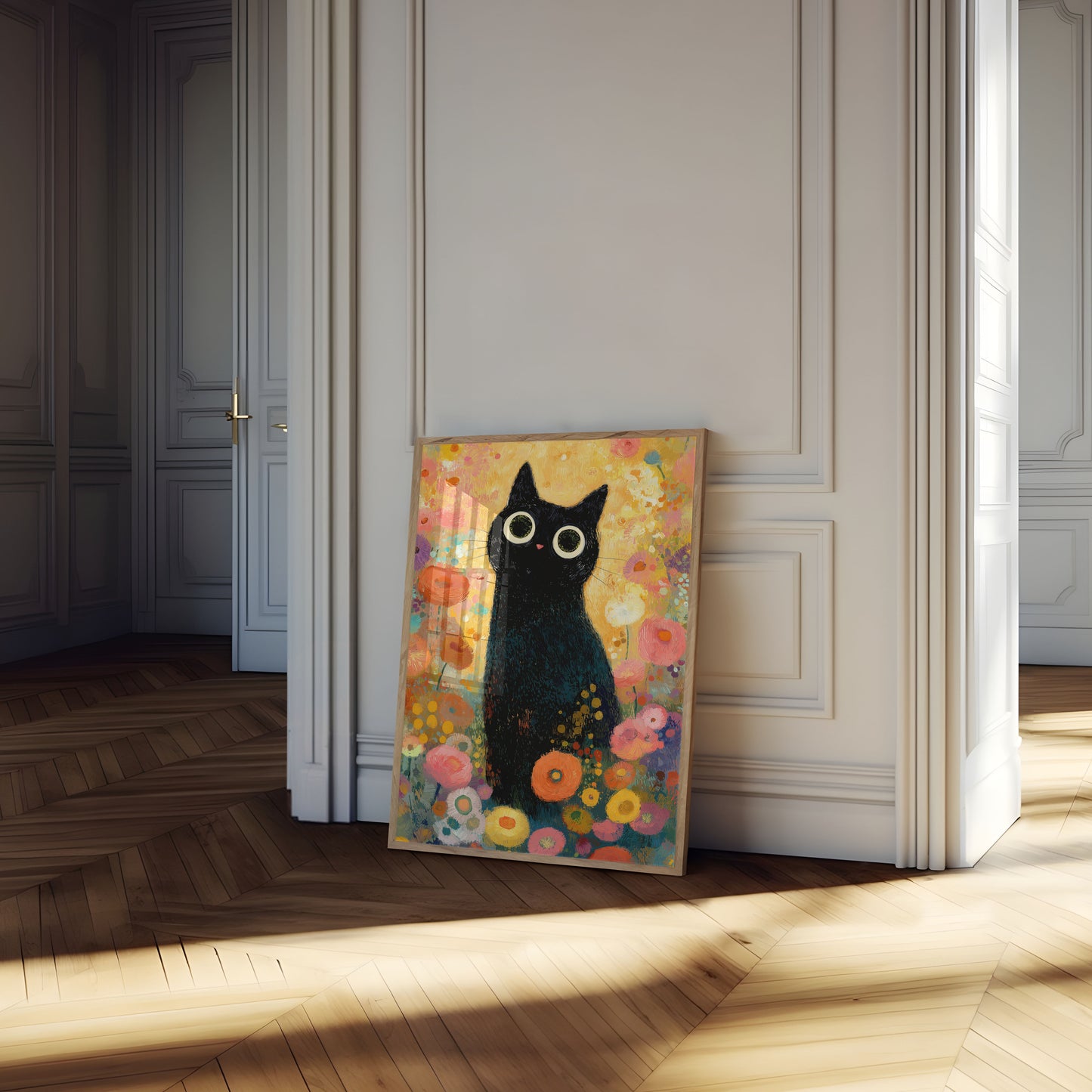 Black Cat in Flower Garden Poster