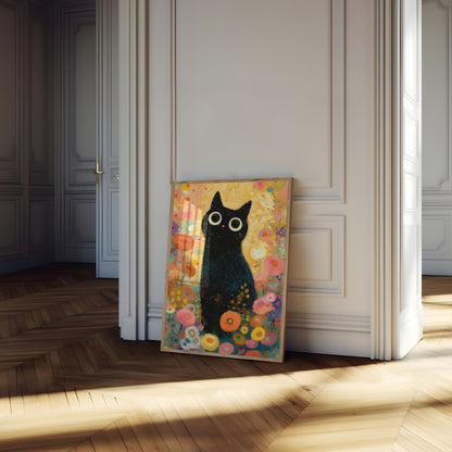 Black Cat in Flower Garden Poster