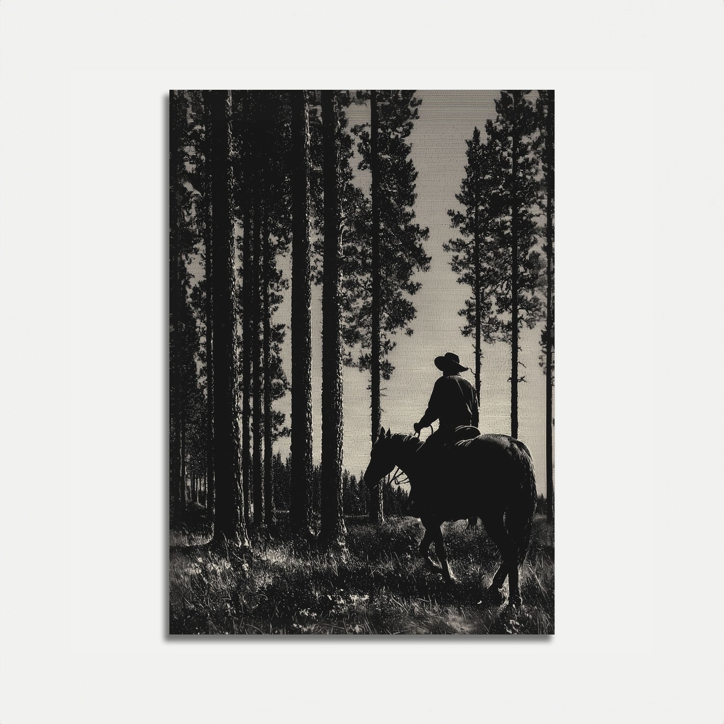 Lone Rider Through Pine Forest Poster