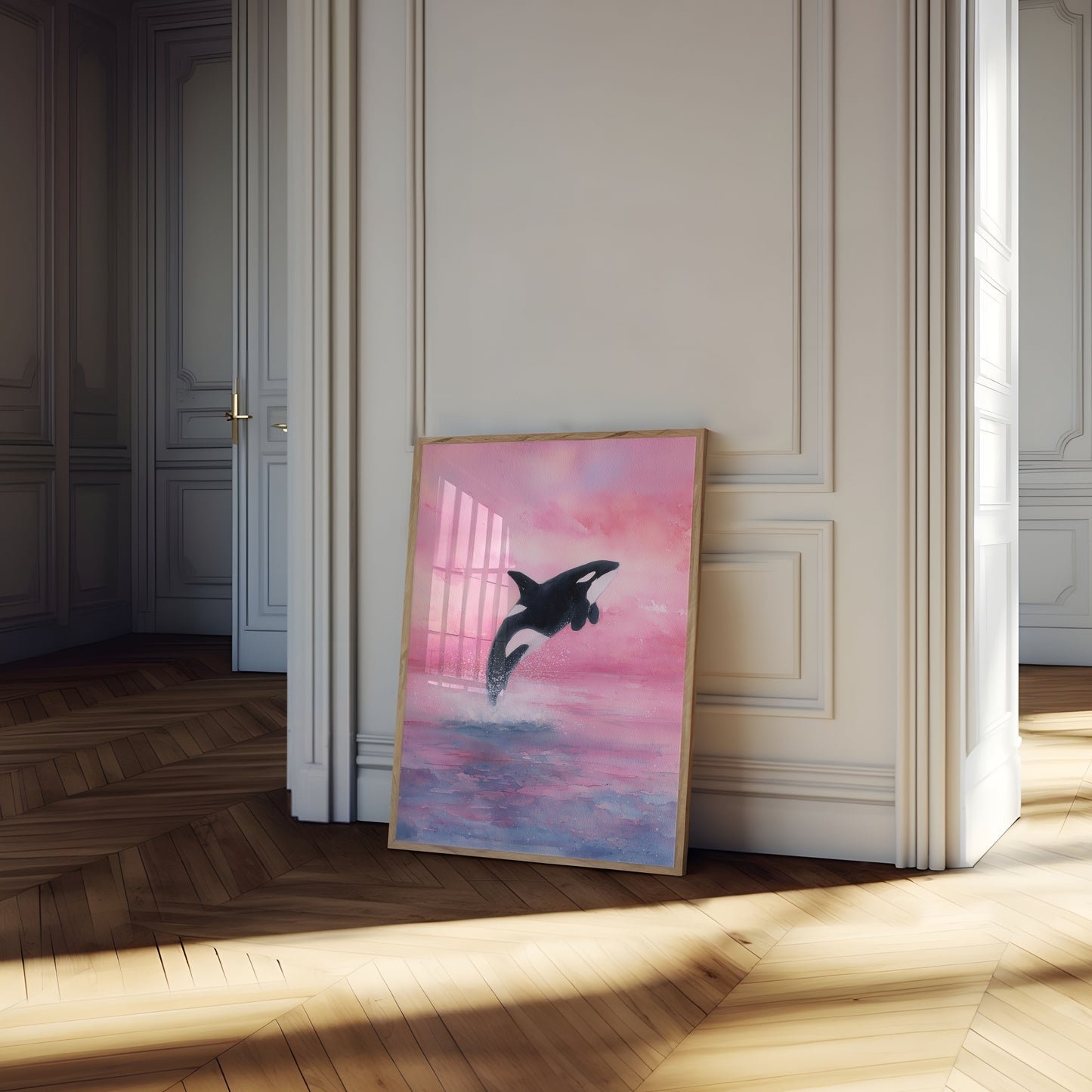 Leaping Orca Pink Sky Poster