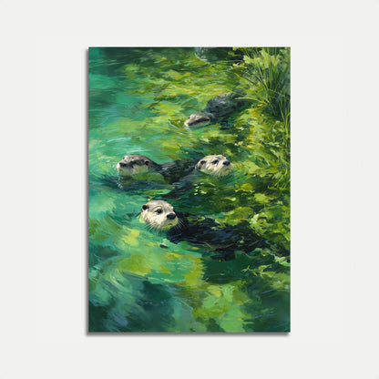 Affiche Loutres Nageant dans l'Eau Verte