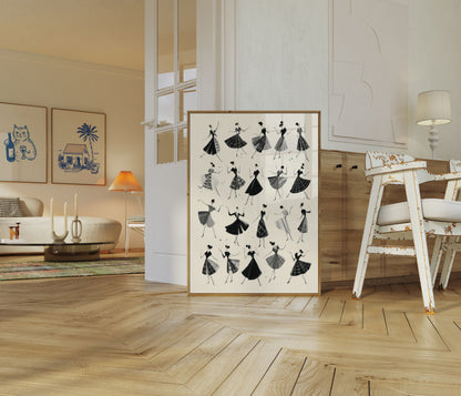 Dansende Divaer Sort-Hvid Plakat