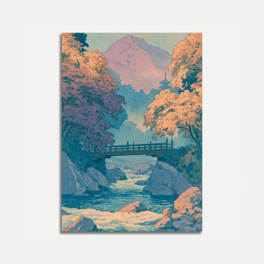 Póster de paisaje del puente del valle de montaña