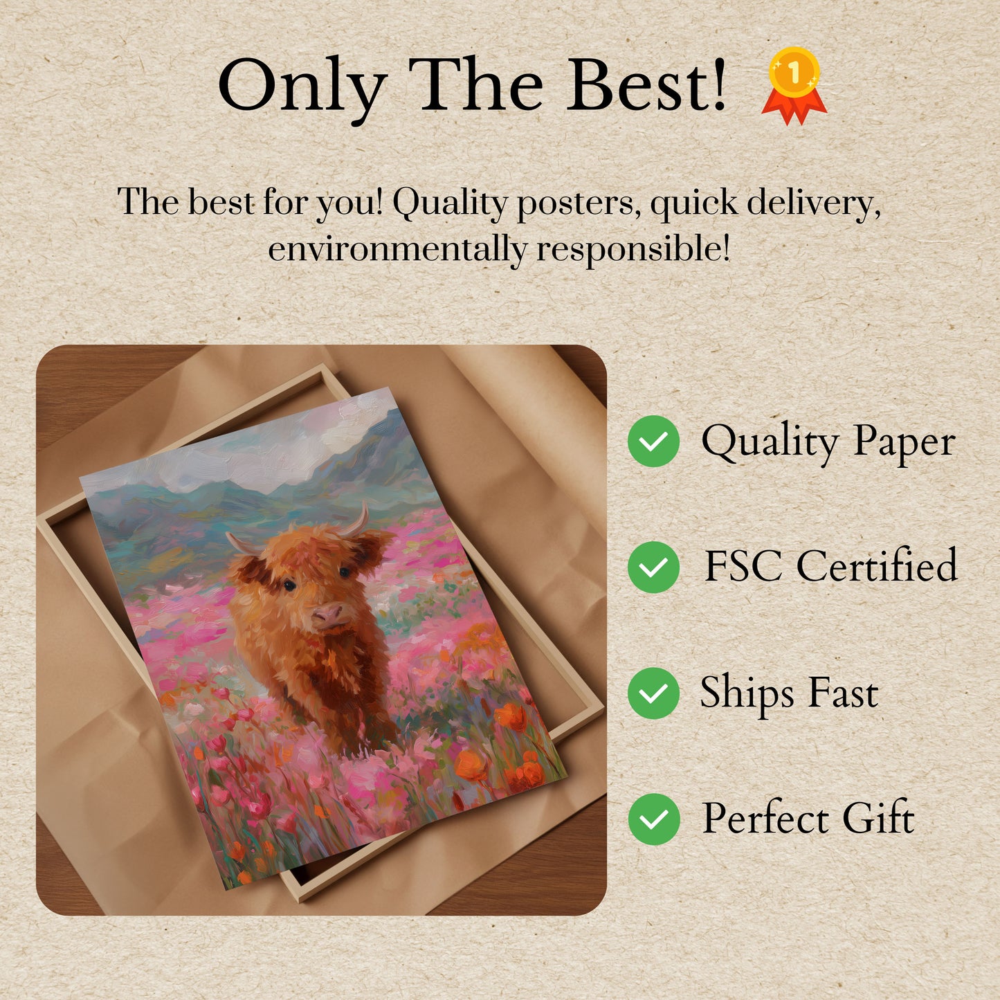 Highland Cow in Floral Meadow Poster