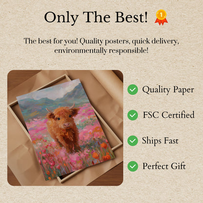 Highland Cow in Floral Meadow Poster