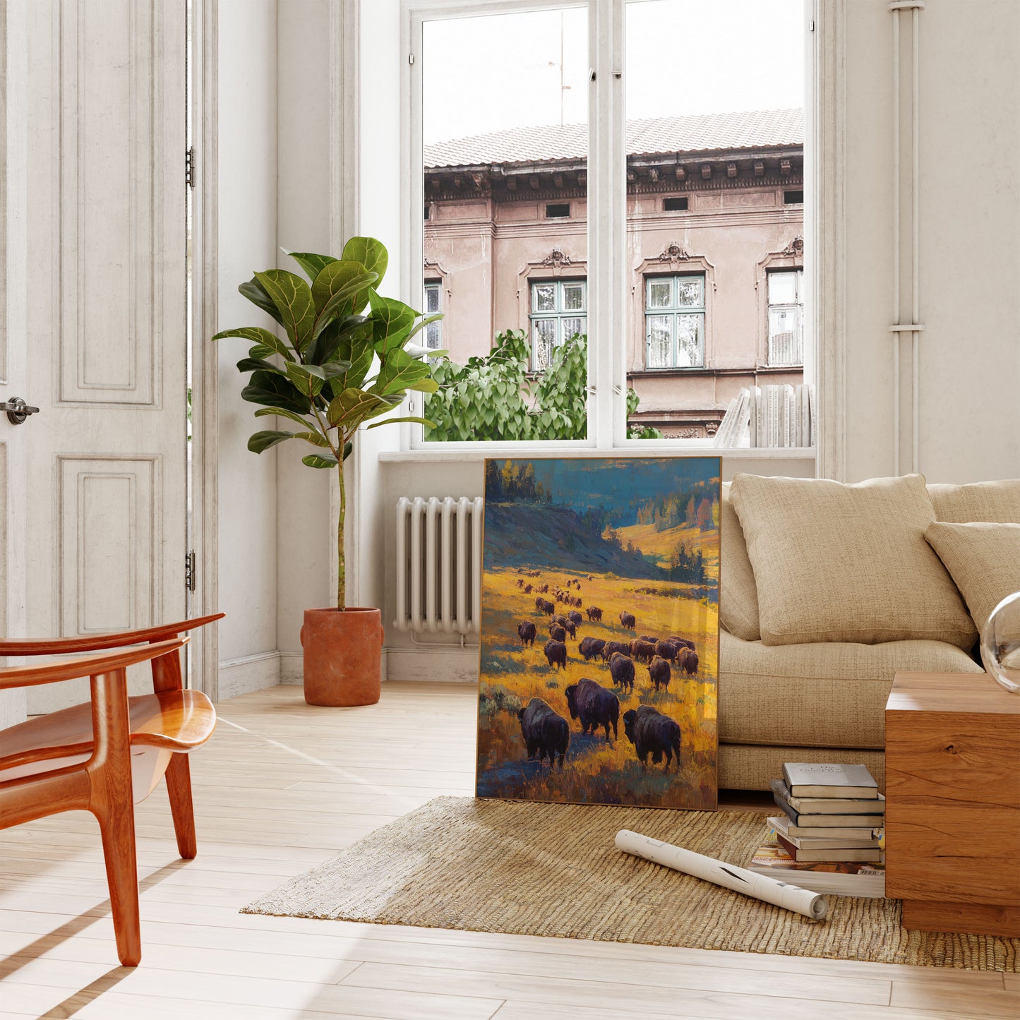 Buffalo Kudde Gouden Grasveld Poster