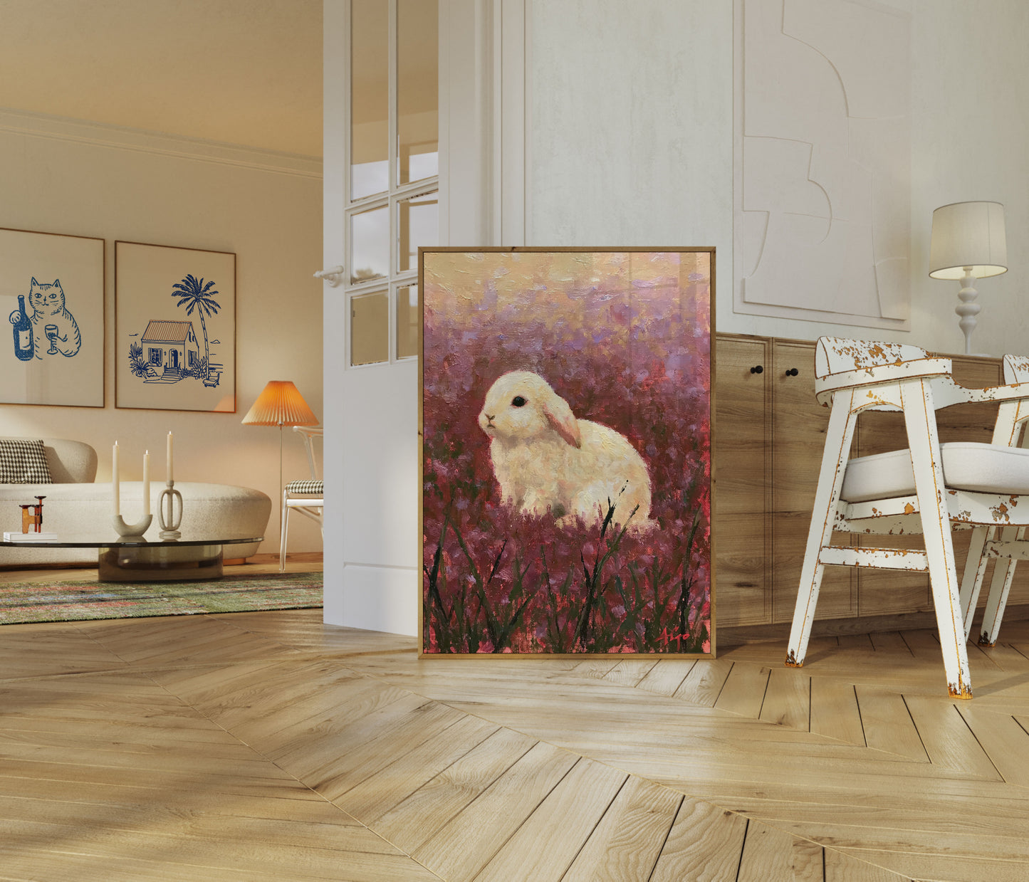 Affiche Lapin blanc dans champ de fleurs sauvages
