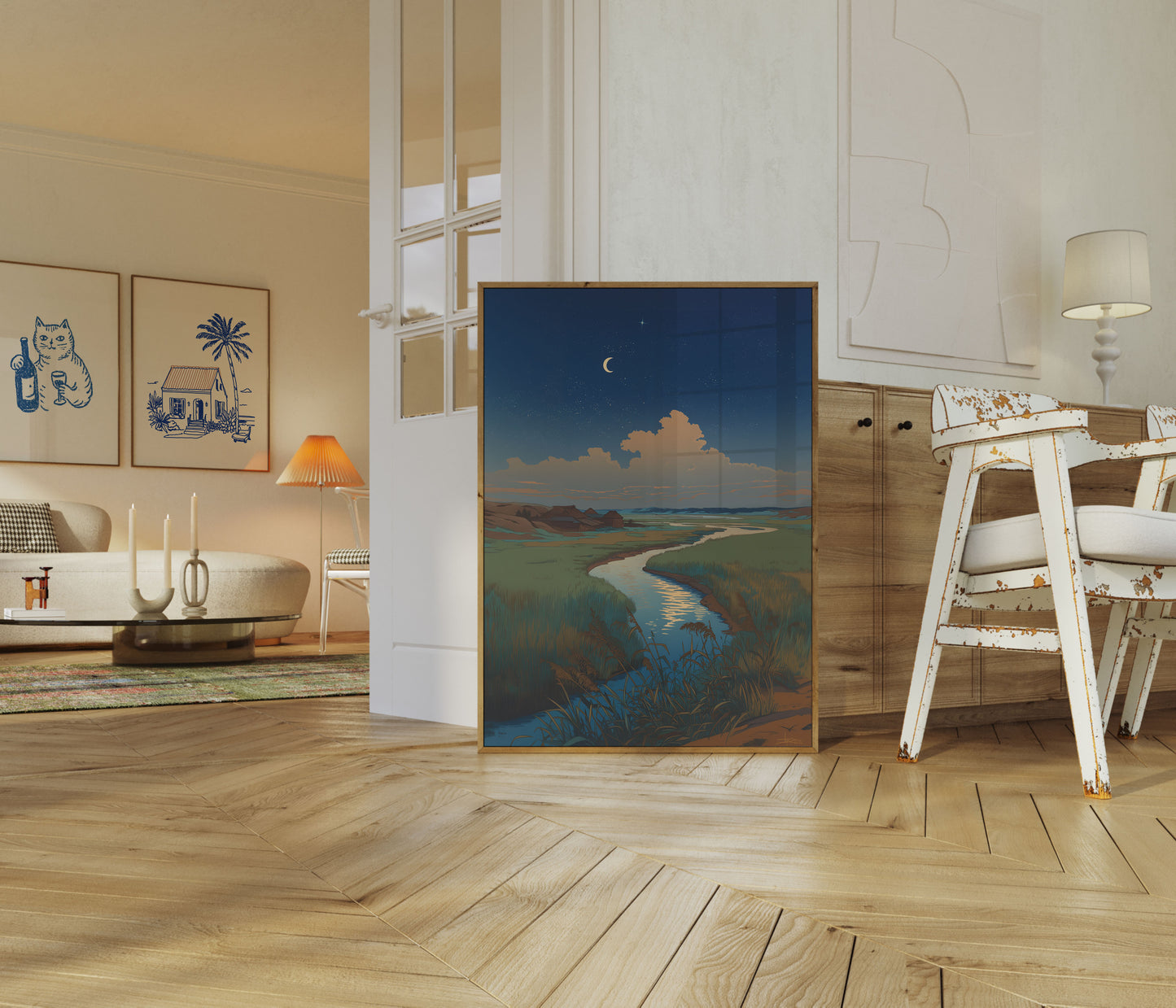 Poster di Paesaggio Fluviale al Chiaro di Luna