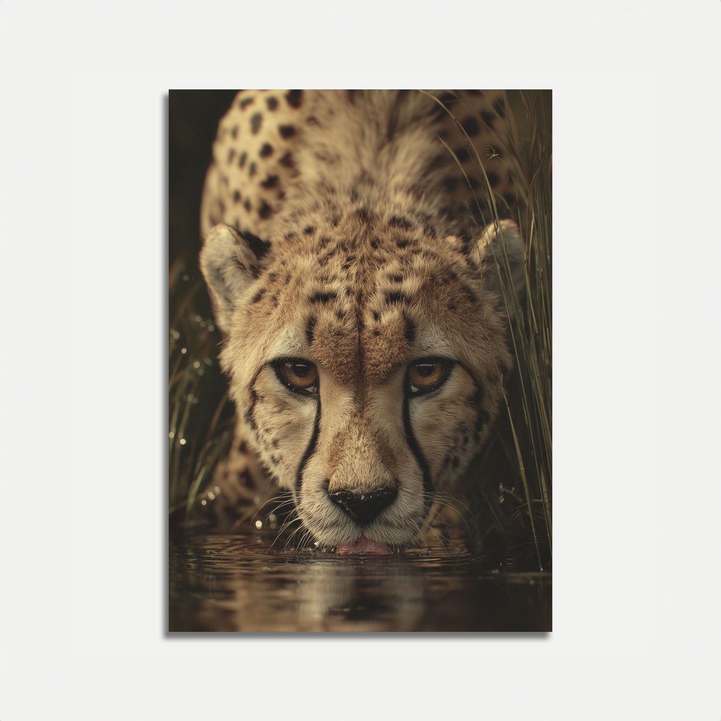 Póster de guepardo bebiendo agua intensamente