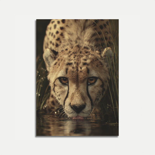 Póster de guepardo bebiendo agua intensamente