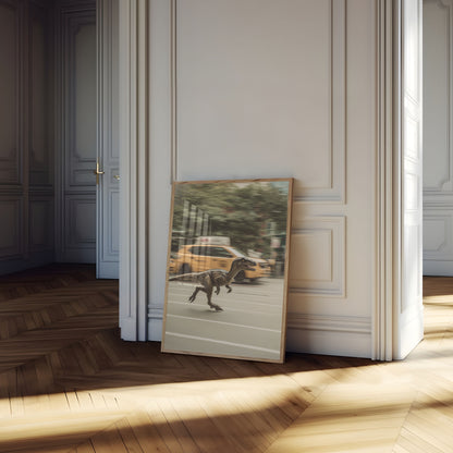 Póster de carreras de dinosaurios en las calles de la ciudad