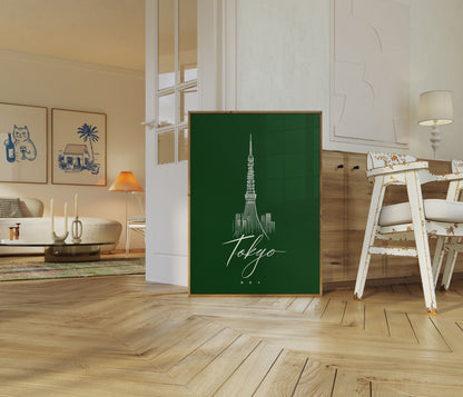 Tokyo Skyline Minimalistisch Groen Poster