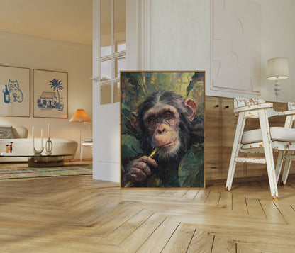 Thoughtful Chimp with Pipe Poster
