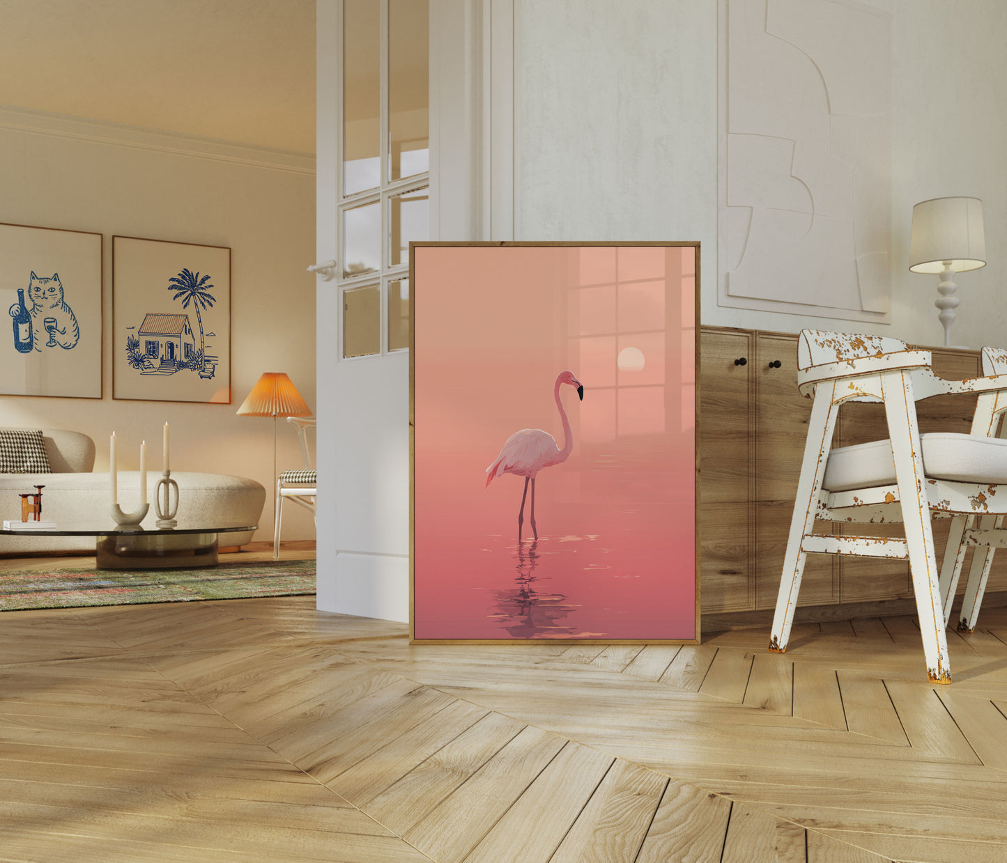 Roze Flamingo Zonsondergang Poster