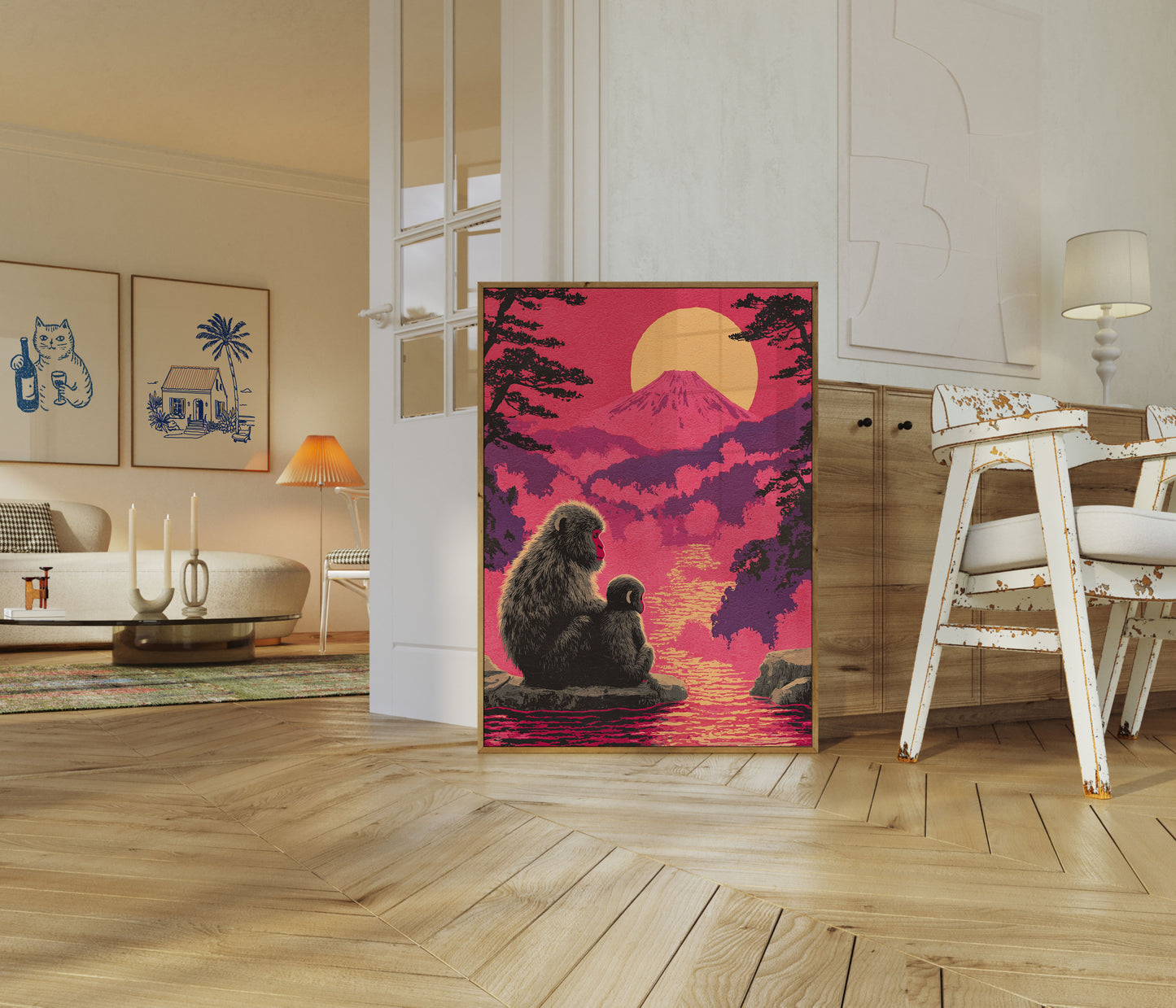 Affiche Coucher de Soleil Singe et Mont Fuji