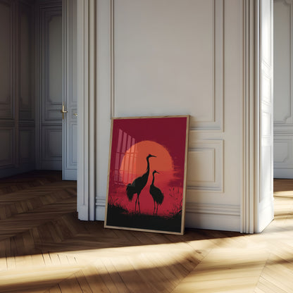 Affiche Silhouette de Grues au Coucher du Soleil