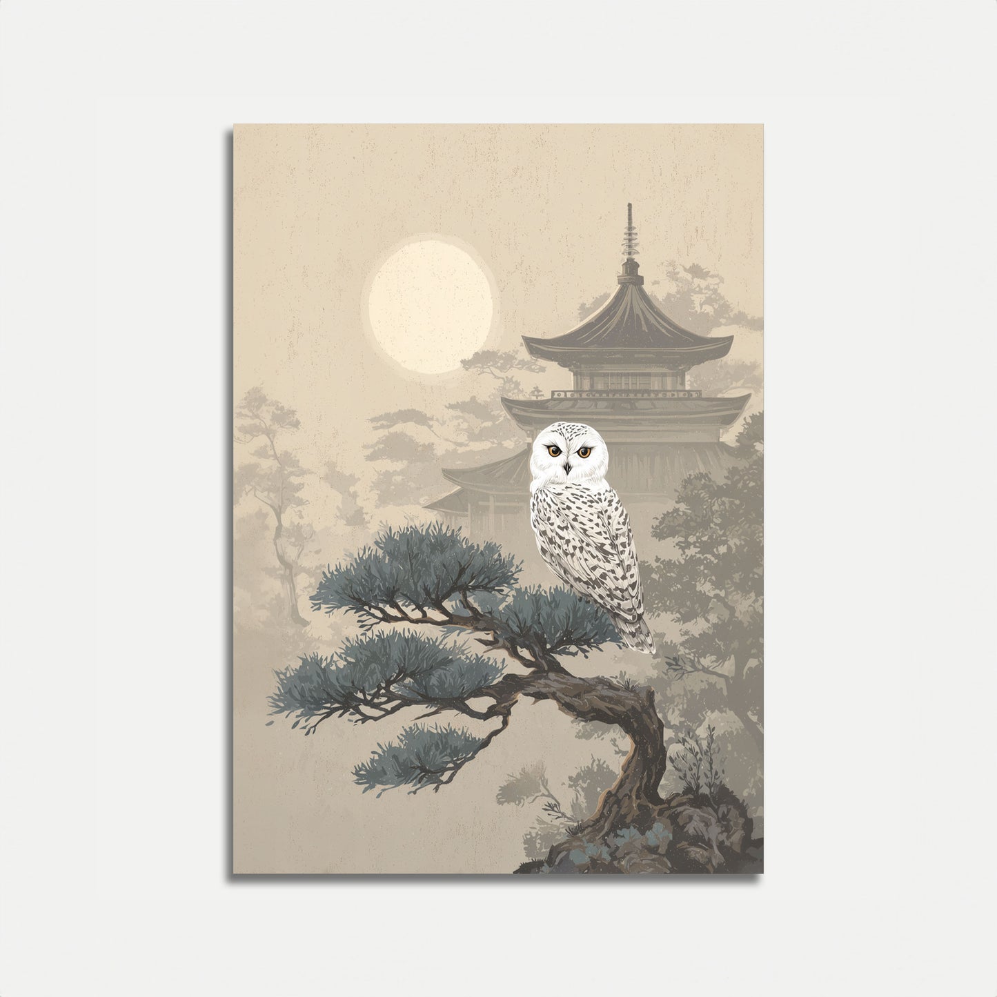 Affiche du Hibou des Neiges dans un Jardin Japonais