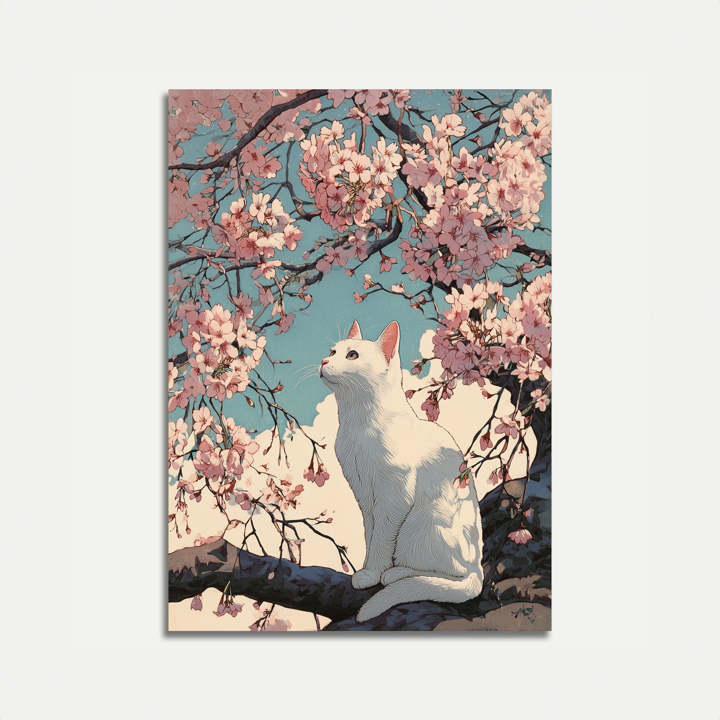 White Cat Among Cherry Blossoms Poster