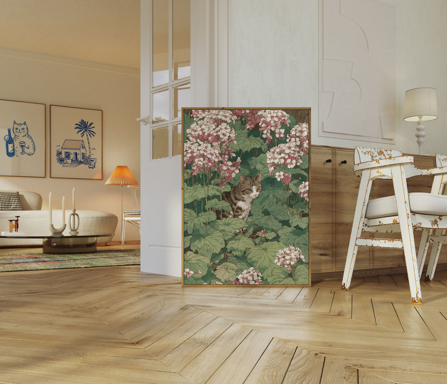 Tabby Cat in Flower Garden Poster