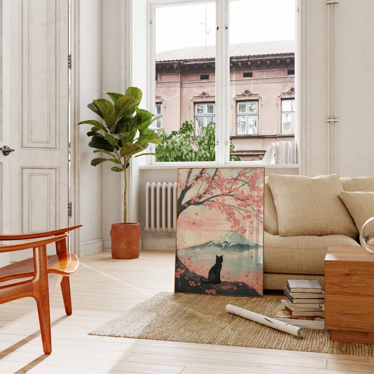 Póster del Monte Fuji con un gato sereno