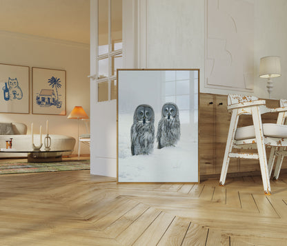 Great Grey Owls in Snow Poster