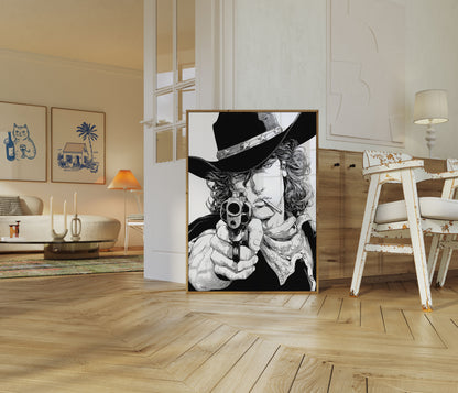 Černobílý plakát kovbojského pistolníka